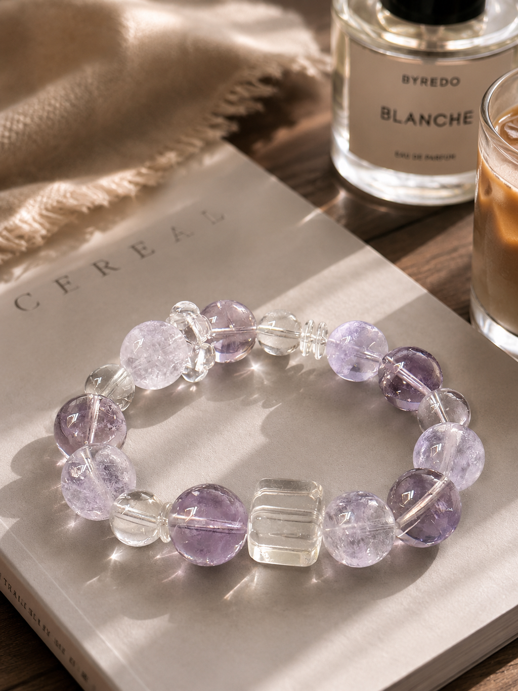 [Exclusive Design] "Moonlit Violet Fog" 14mm Calming Crystal Bracelet | Lavender Amethyst & Clear Quartz