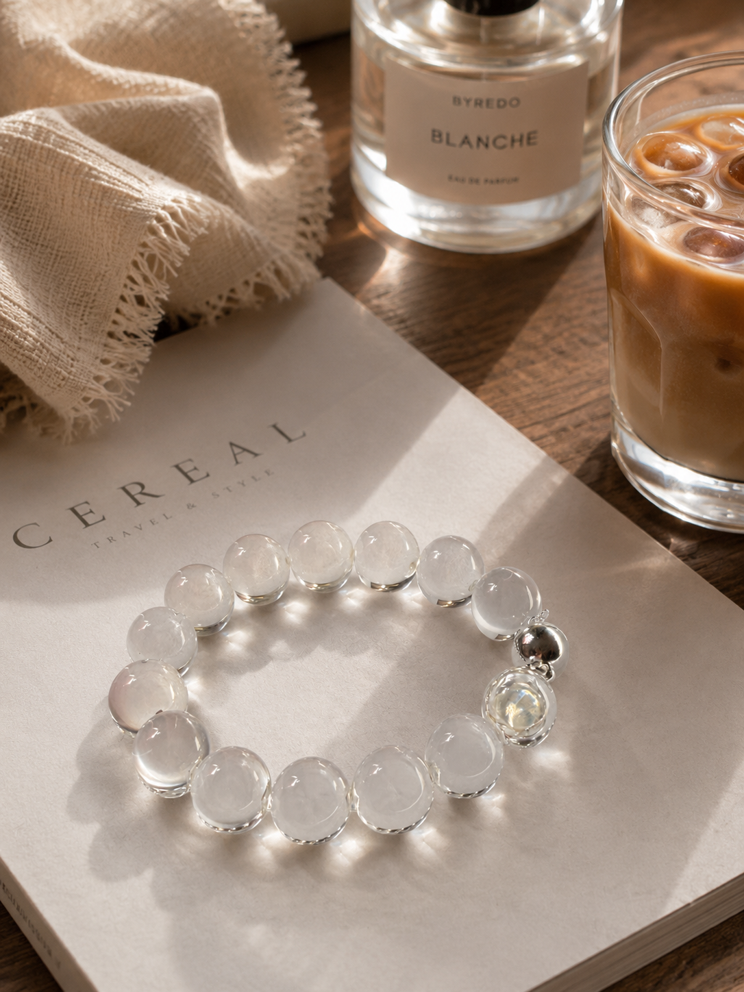 High-Clarity Clear Quartz Bubble Bead Bracelet (12.5–13mm)