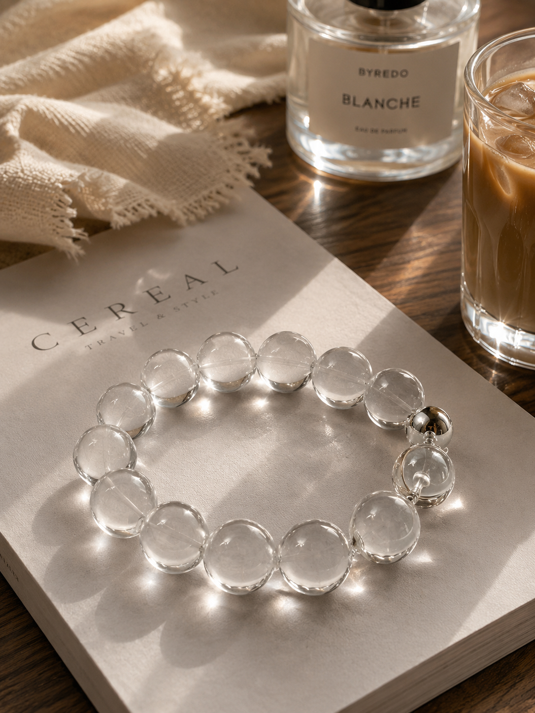 High-Clarity Clear Quartz Bubble Bead Bracelet (12.5–13mm)