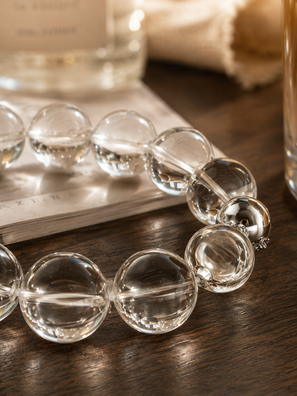 High-Clarity Clear Quartz Bubble Bead Bracelet (12.5–13mm)