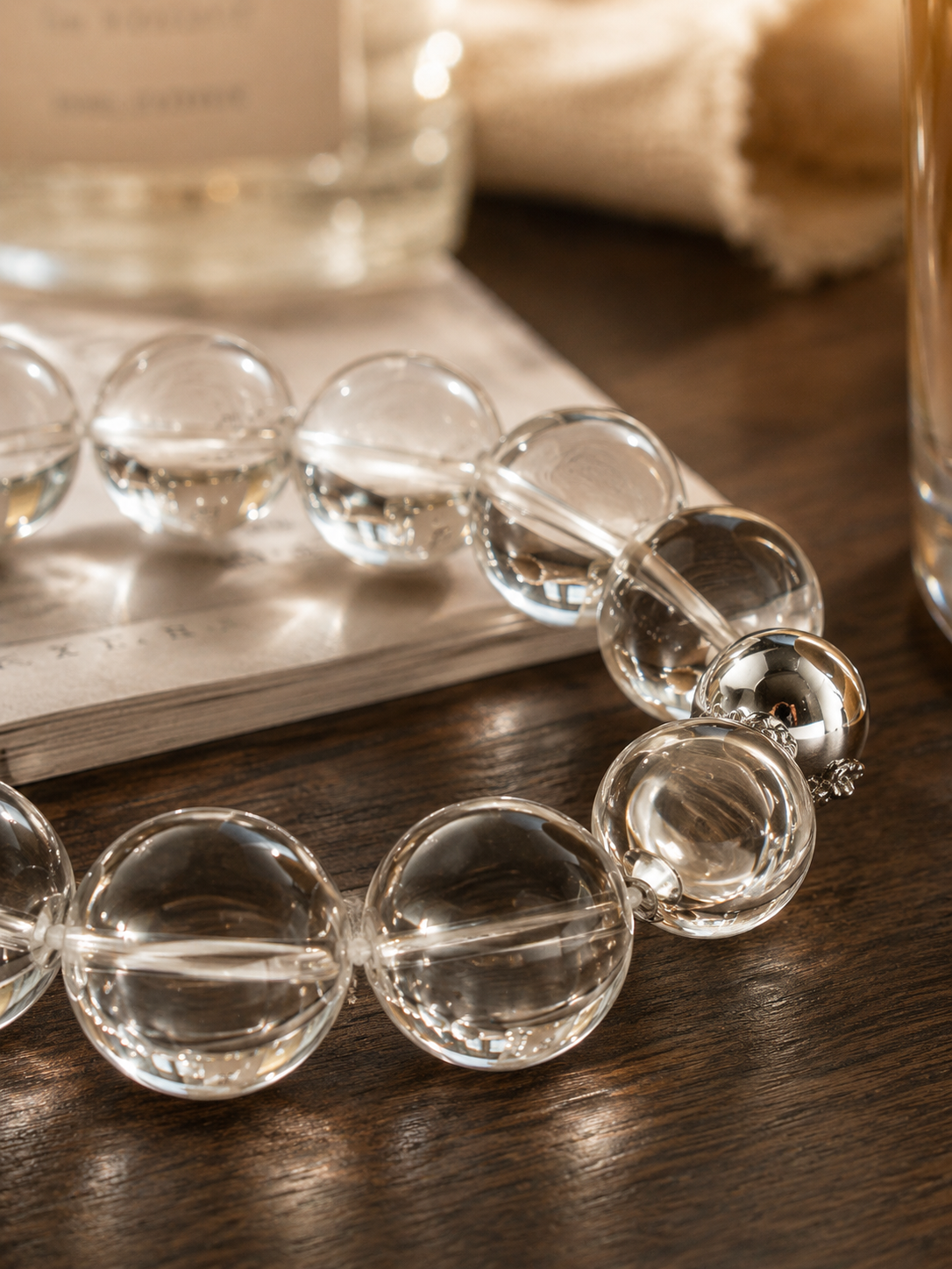 High-Clarity Clear Quartz Bubble Bead Bracelet (12.5–13mm)