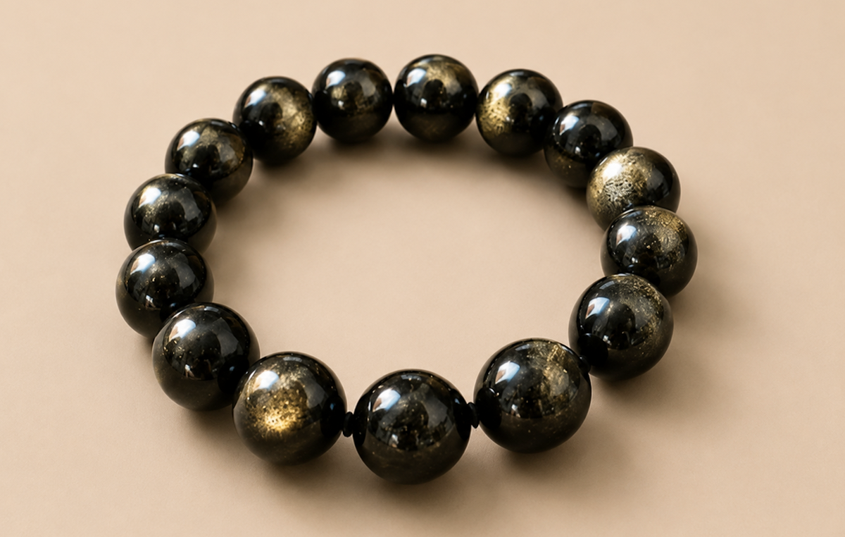 [High-Grade] 14mm Gold Sheen Obsidian Healing Crystal Bracelet