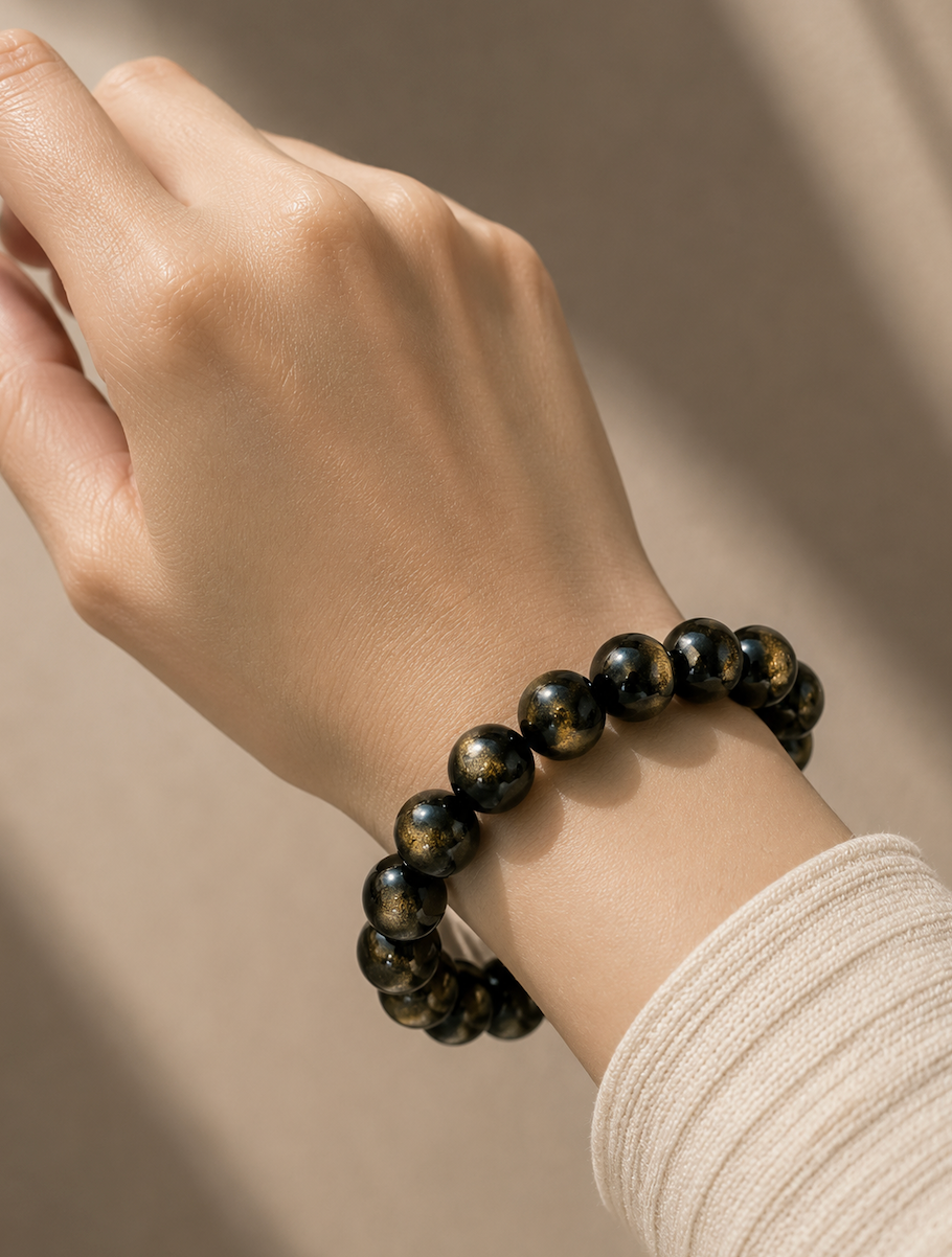 [High-Grade] 14mm Gold Sheen Obsidian Healing Crystal Bracelet