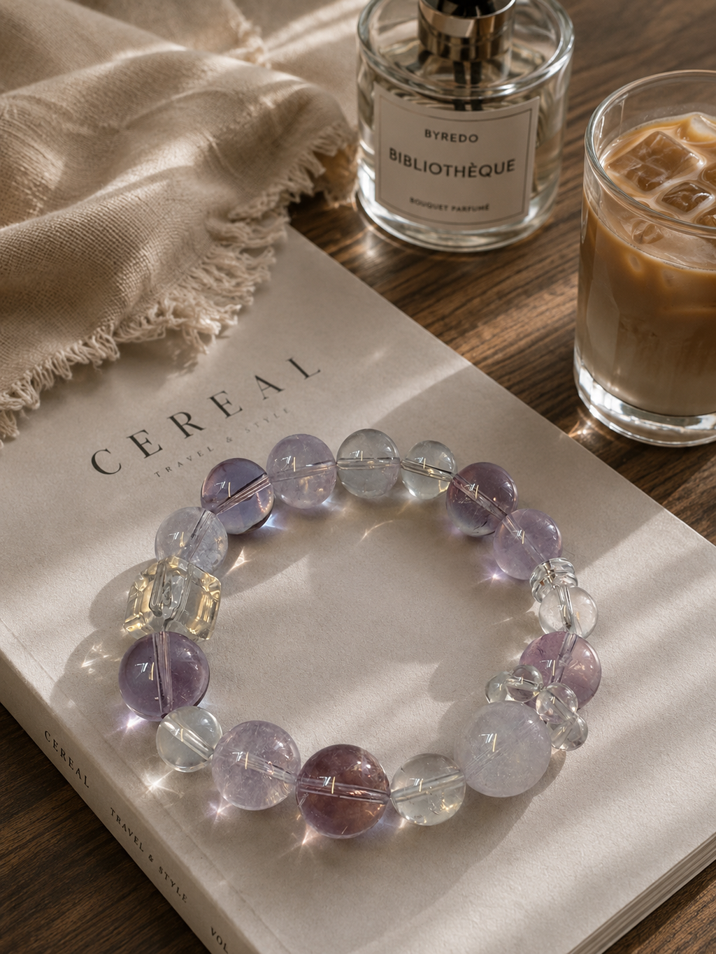 [Exclusive Design] "Moonlit Violet Fog" 14mm Calming Crystal Bracelet | Lavender Amethyst & Clear Quartz