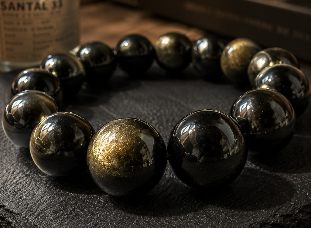 [High-Grade] 14mm Gold Sheen Obsidian Healing Crystal Bracelet