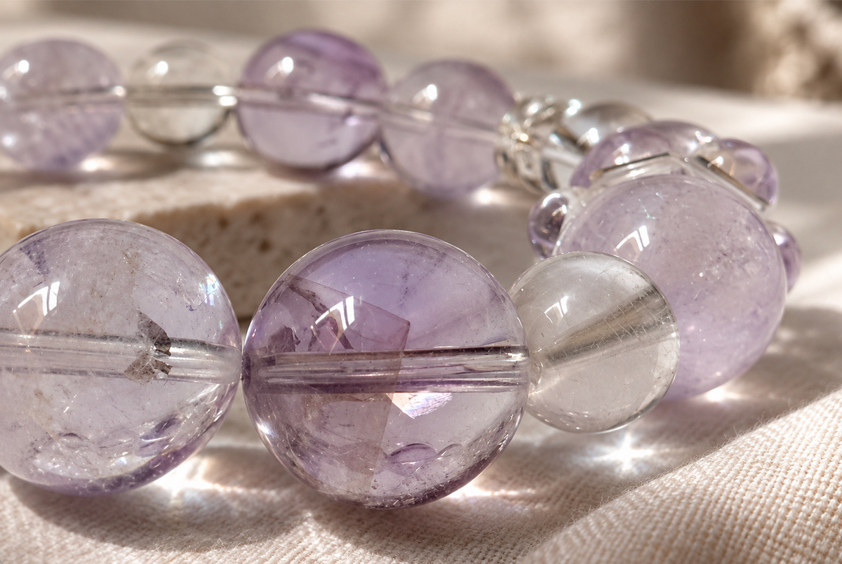 [Exclusive Design] "Moonlit Violet Fog" 14mm Calming Crystal Bracelet | Lavender Amethyst & Clear Quartz