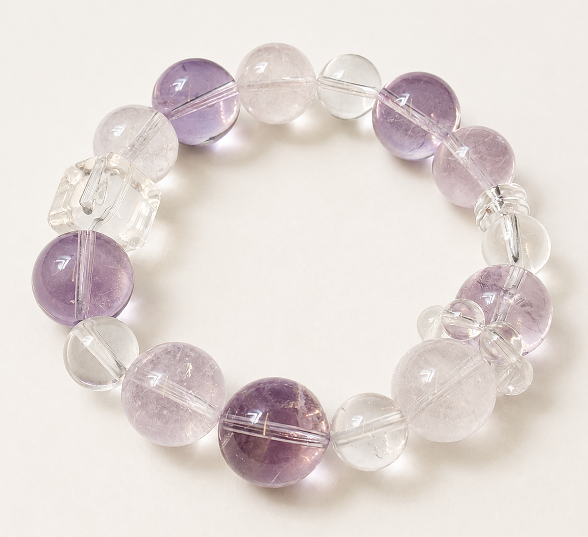 [Exclusive Design] "Moonlit Violet Fog" 14mm Calming Crystal Bracelet | Lavender Amethyst & Clear Quartz